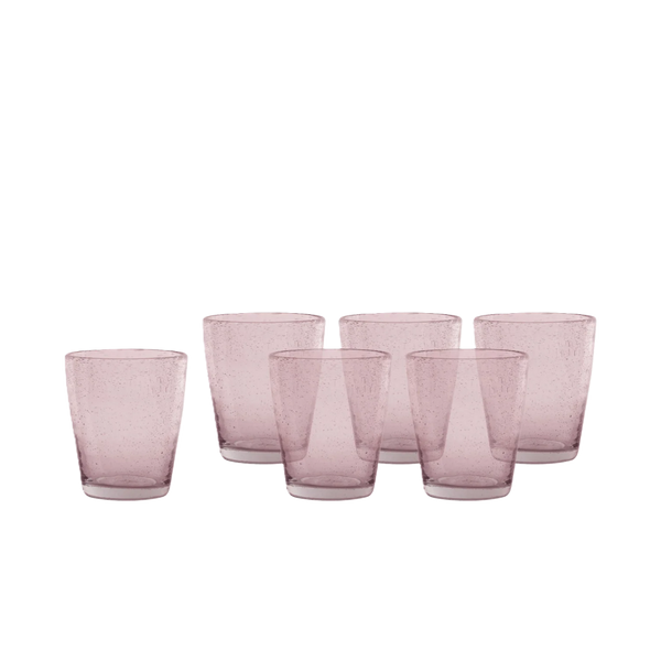 Six small textured glass tumblers in a dusty pink color, arranged in two rows against a solid white background.