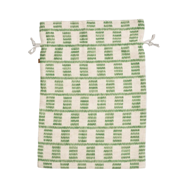 A woven drawstring pouch with a green and off-white geometric pattern, shown against a plain white background.