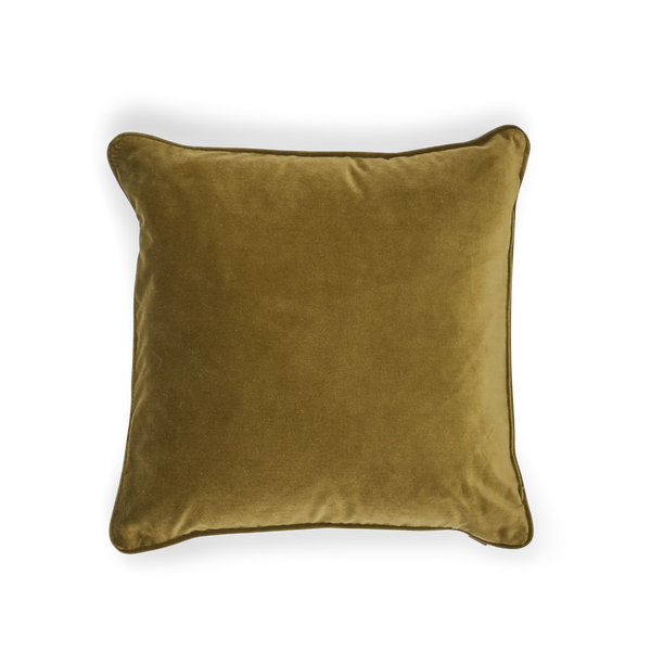 A square olive green velvet throw pillow with piped edges, shown from a top-down view on a white background.