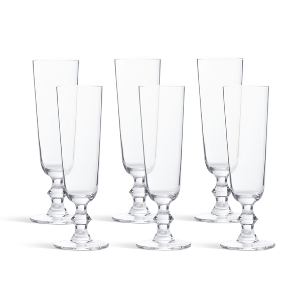 Set of 6 Greenwich stemmed Champagne Flutes on white background