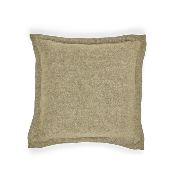 A square throw pillow in a textured beige fabric with a matching piped border, shown against a plain white background.
