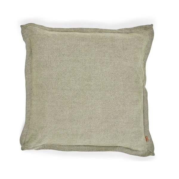 A square throw pillow in a textured sage green fabric, shown from a top-down view on a white background.