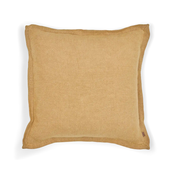 A square cushion in a saffron yellow linen-like fabric, shown from a top-down view on a white background with a soft drop shadow.