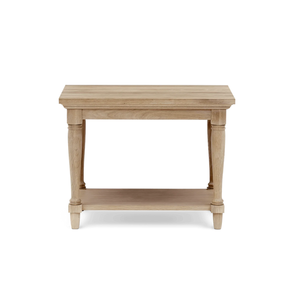 A light natural oak end table with a rectangular top, turned legs, and a lower shelf, shown from a front-facing perspective on a white background.