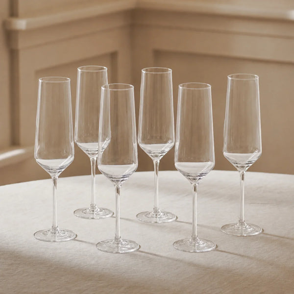 Hoxton Champagne Flutes on table with linen tablecloth