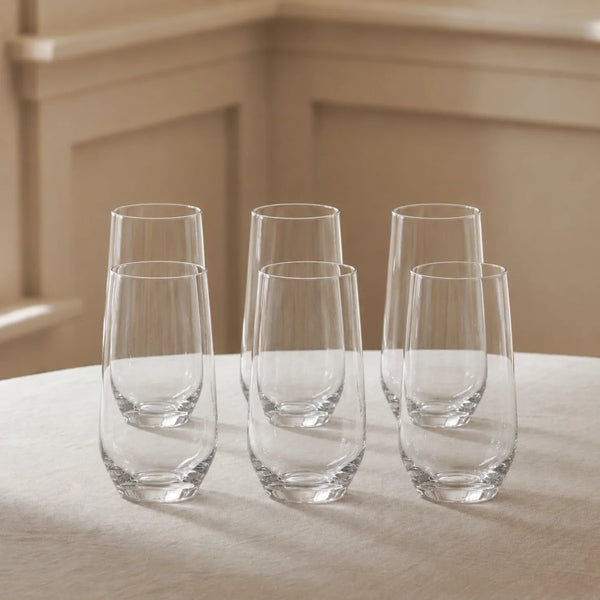 Hoxton Tall Water Glasses on table with linen tablecloth