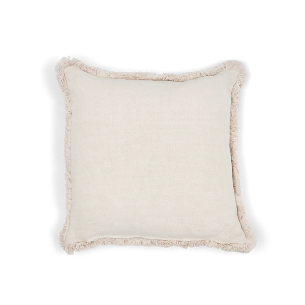 A square off-white linen throw pillow with a fringed border, shown against a plain white background.