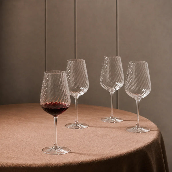 Islington Red Wine Glasses on table with fabric tablecloth