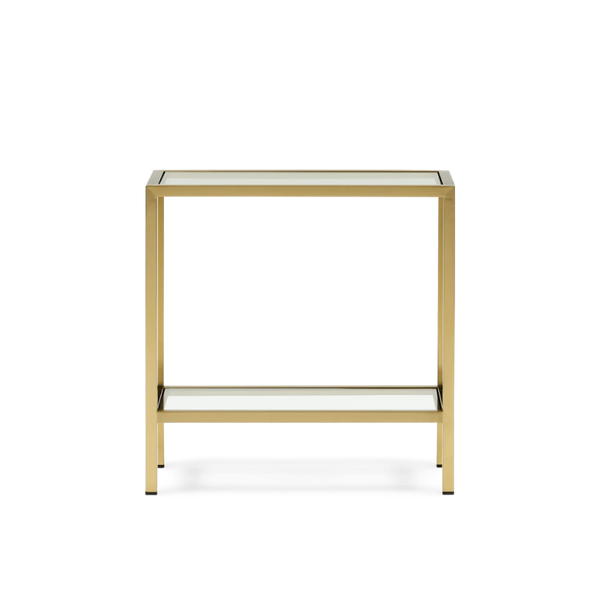 A modern square end table with a brushed gold metal frame and clear glass shelves, shown from a front-facing perspective on a solid white background.