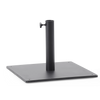 A black metal patio umbrella stand with a square base plate and a vertical pole, shown on a solid white background.