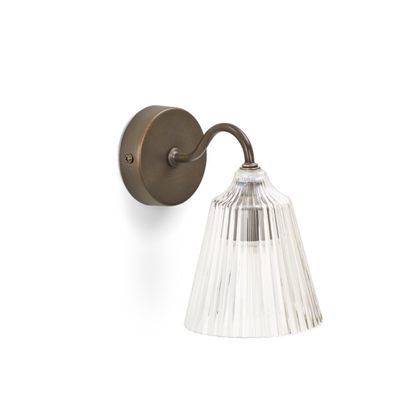 Lennox wall light with brushed bronze base and glass shade on white background.