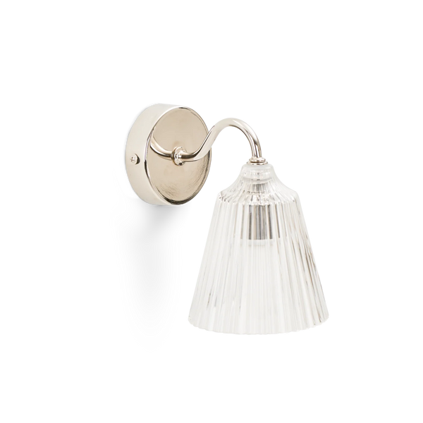 Lennox wall light with brushed nickel base and glass shade on white background.