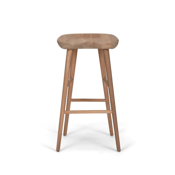 A wooden bar stool with a rounded square seat and four tapered legs, shown from the front on a clean white background.