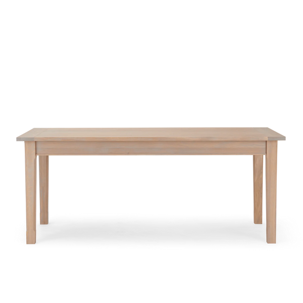 A light natural wood dining table with a rectangular top and four straight legs, shown from a front-facing perspective on a clean white background.
