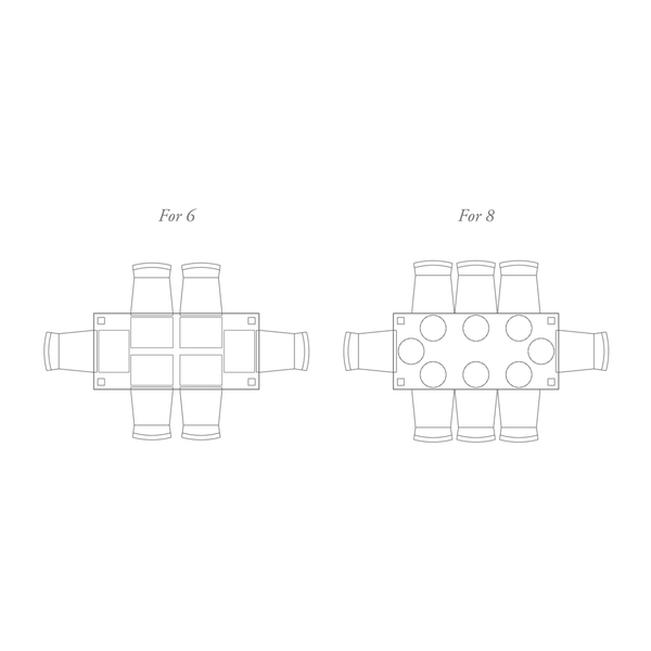 A simple line drawing on a white background showing two table layouts labeled 'For 6' and 'For 8', with chairs and table outlines used to indicate seating capacity.