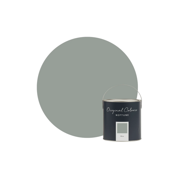 A navy blue paint can labeled 'Original Colours NEPTUNE' with a small swatch window, placed in front of a large muted sage green color circle on a white background.