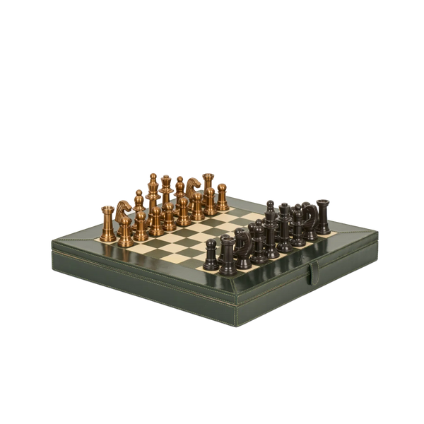 A boxed chess set shown open on a plain white background. The set includes a dark green leather-like chessboard with cream checkers and metallic gold and black chess pieces arranged for play.