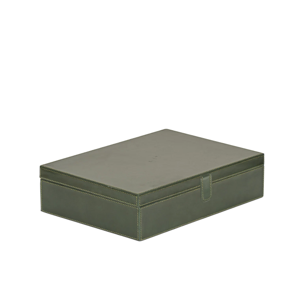 An olive green rectangular leather box with a hinged lid and a small side tab, shown on a plain white background.