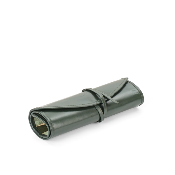 An olive green rolled leather pouch or wallet with a wrap-around strap, shown on a clean white background.