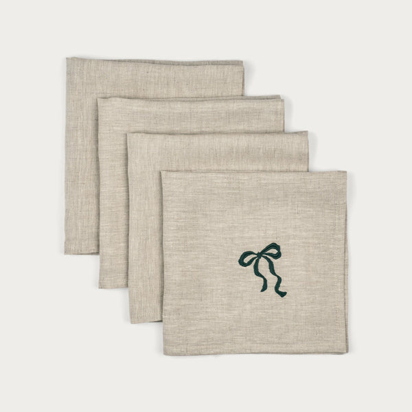 Yuletide Bow Embroidered Napkins, Green - Set of 4