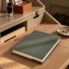 A dark green leather-bound notebook with cream pages lies open on a wooden desk, surrounded by warm neutral office props including a pen, ink bottle, and wooden box.