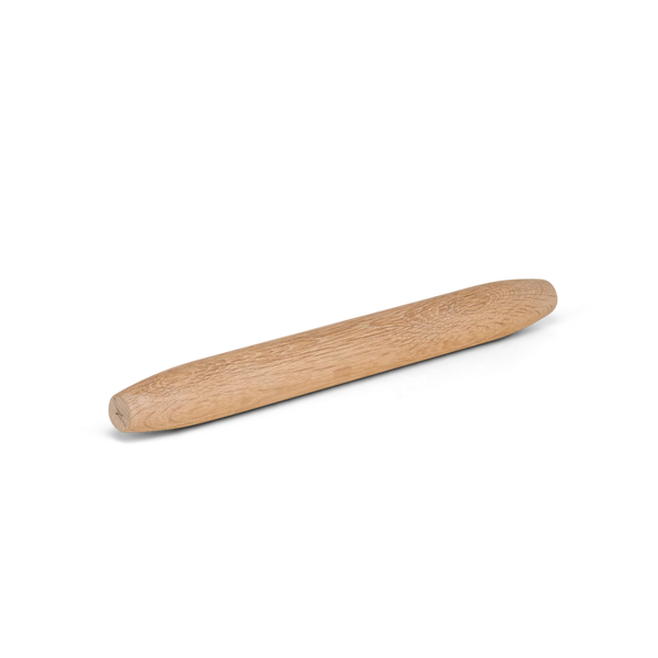 A light natural wood rolling pin with a smooth grain and rounded ends, shown on a clean white background.