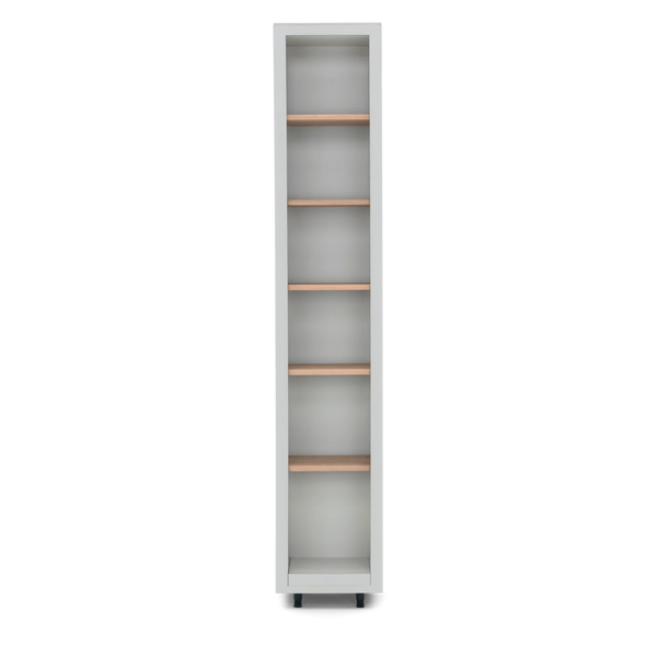 A tall, narrow white bookcase with five light wood shelves, shown from a front-facing perspective on a solid white background.