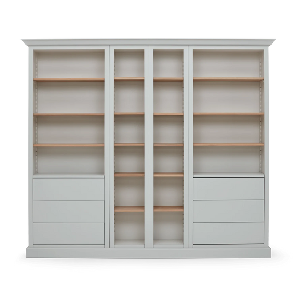 A tall built-in bookcase or wardrobe cabinet with a light gray exterior and natural wood shelves, shown on a plain white background.