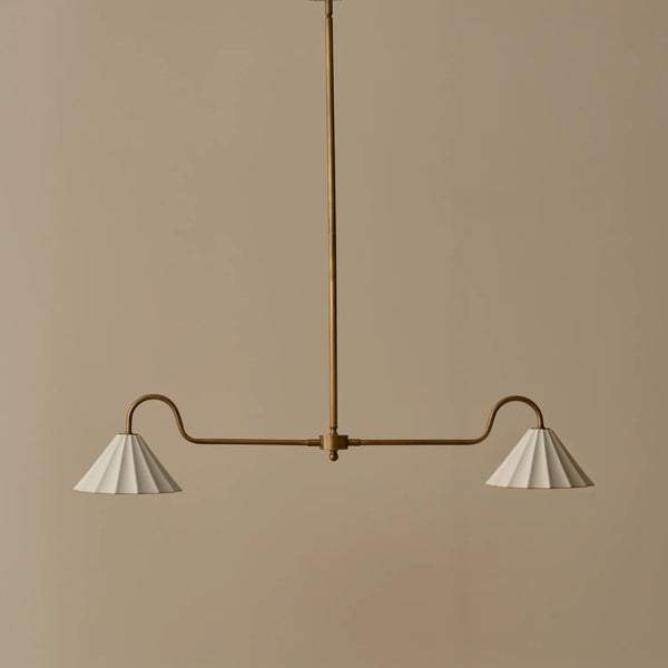 Polperro brushed antique brass pendant bar light with scalloped ceramic lampshades