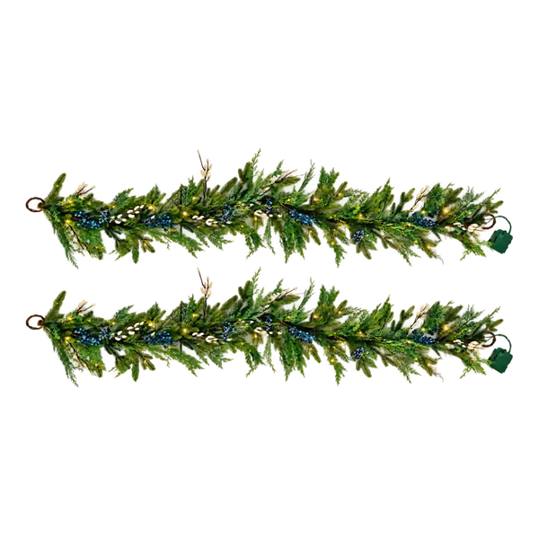 Two green Christmas garlands with blue berry accents and warm white string lights, displayed horizontally on a plain white background.