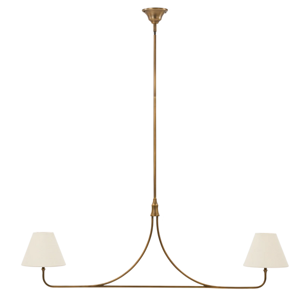 Regency brass bar pendant ceiling light with two lights with linen lampshades on white background