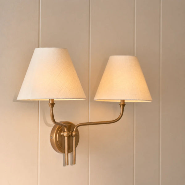 Regency Wall light, double light in brass with linen shades, lights on