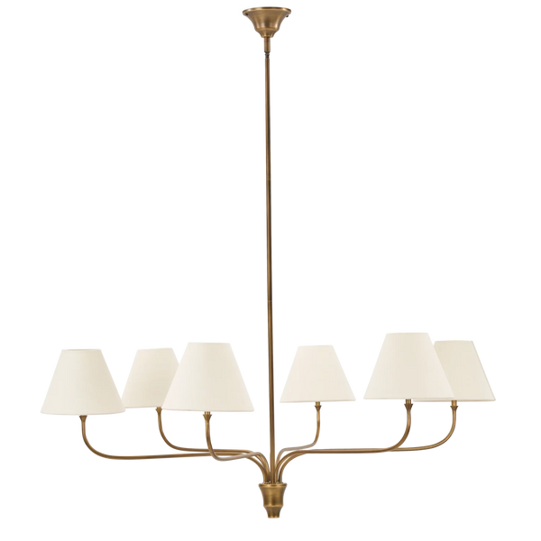 Regency six lamp large pendant light in brass on white background