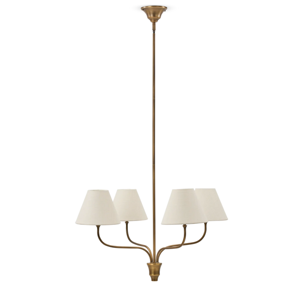 Regency small four light pendant in brass with linen shades on white background