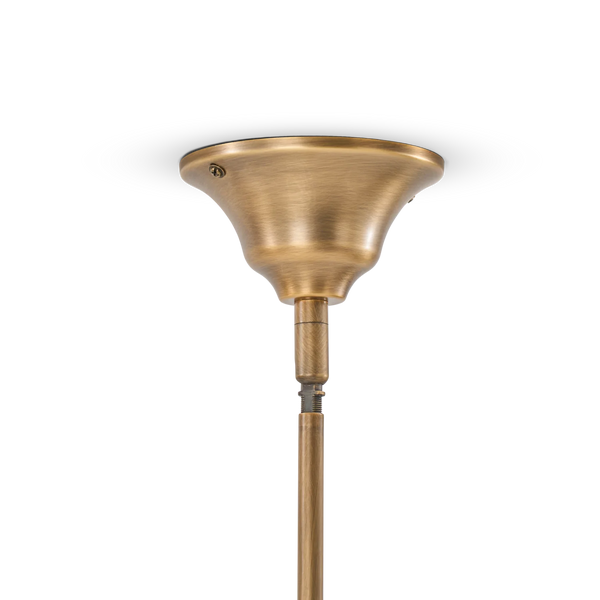 Regency six lamp large pendant light in brass, ceiling fitting on white background