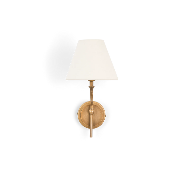 Regency wall light in brass with linen shade on white background
