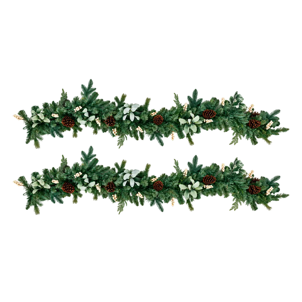 Decorative set of 2 Christmas garlands with pine cones and lights on a white background