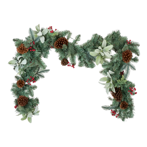 A festive holiday garland with green pine branches, brown pinecones, small red berries, and pale green faux foliage, arranged in an arch shape on a plain white background.