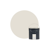 A paint can labeled Original Colours Neptune Snow Rock stands in front of a large circular swatch of the paint color on a white background.