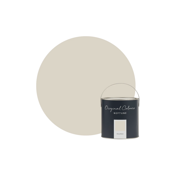 A paint can labeled Original Colours Neptune Snow Rock stands in front of a large circular swatch of the paint color on a white background.