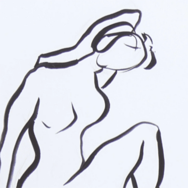 Close up of a minimalist black line art print of a seated figure