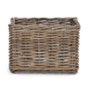 A rectangular woven wicker basket made from natural brown and beige branches, shown on a plain white background.