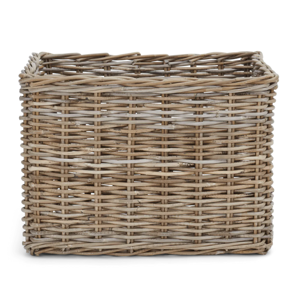 A rectangular woven wicker basket with a natural light brown and beige color palette, shown on a solid white background.