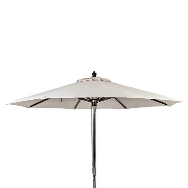 An outdoor patio umbrella with a light beige canopy and a silver metal pole, shown against a solid white background.