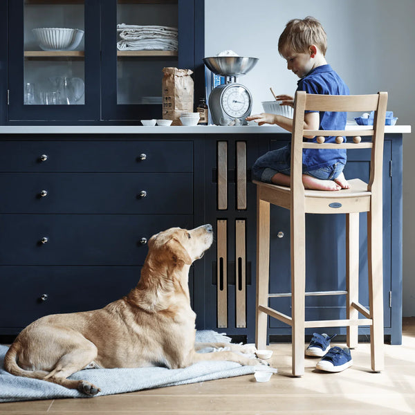 A child sits on a wooden stool at a kitchen counter while a golden retriever lies on a blue blanket on the floor. The kitchen features dark navy blue cabinets, a light wood floor, and a blue-gray wall.