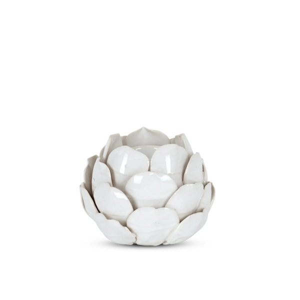 A white ceramic lotus-shaped bowl with a glossy finish, set against a plain white background.