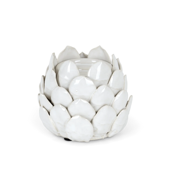 A white ceramic lotus-shaped candle holder with a glossy finish, shown on a clean white background.