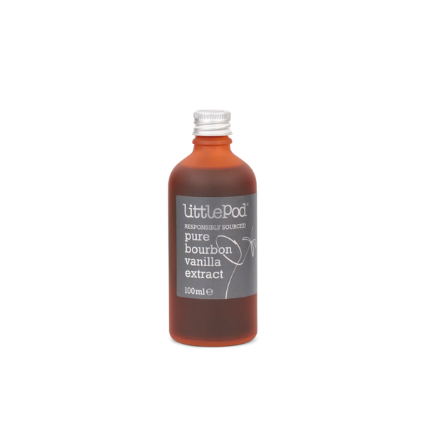 A 100ml bottle of LittlePod Responsibly Sourced Pure Bourbon Vanilla Extract on a solid white background.