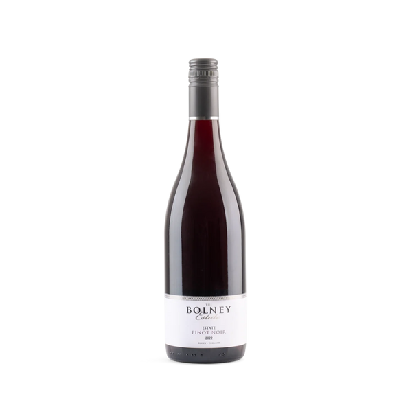 A bottle of Bolney Castle Red Grape Pinot Noir 2021 red wine, featuring a dark glass bottle filled with deep red wine, a dark gray screw cap, and a white label with black text, set against a plain white background.