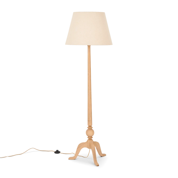 Thornbury natural oak floor lamp with linen shade against white background